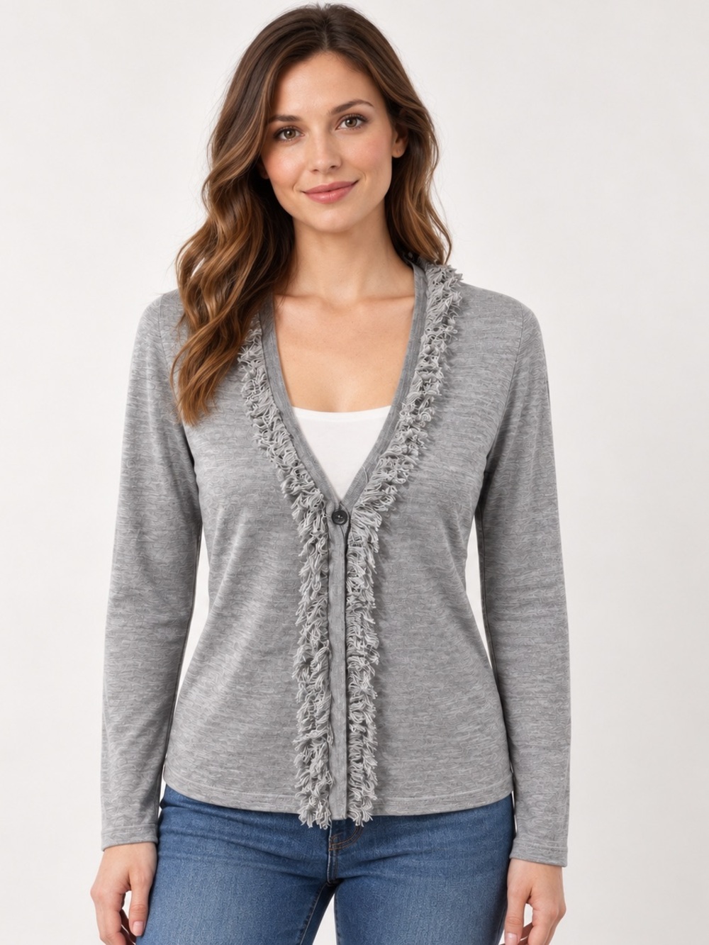 Elie Tahari 100% Merino Wool Fringe Trim Cardigan Sweater Gray M